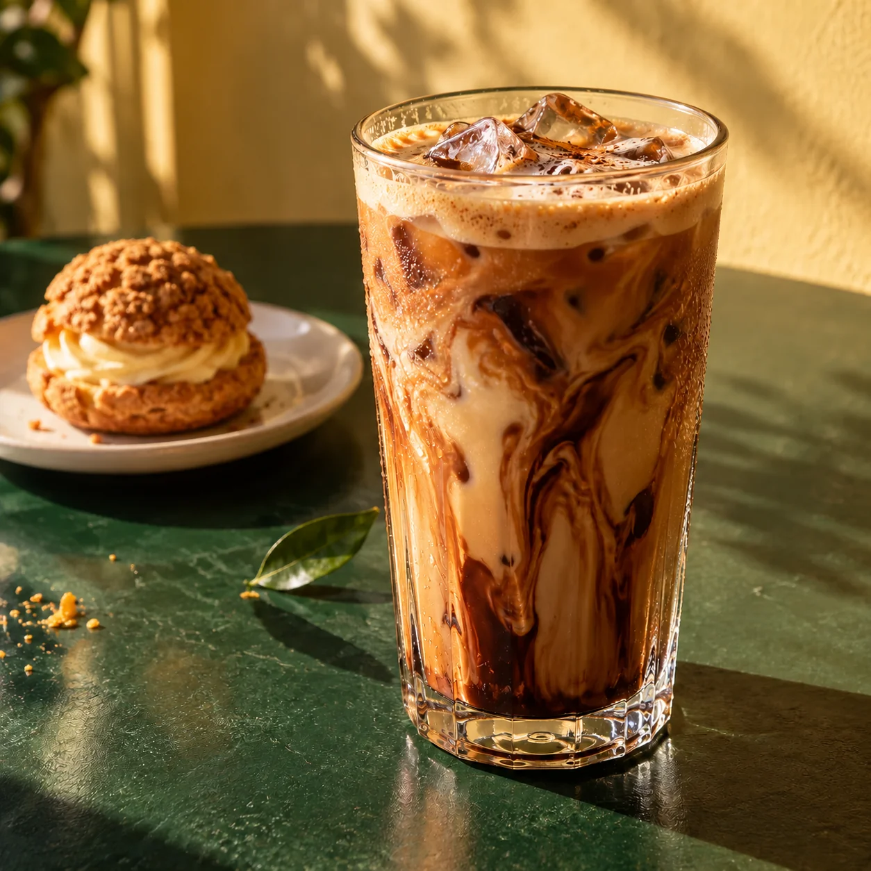 Iced Neslo coffee with creamy chocolate swirls in a condensation-covered glass