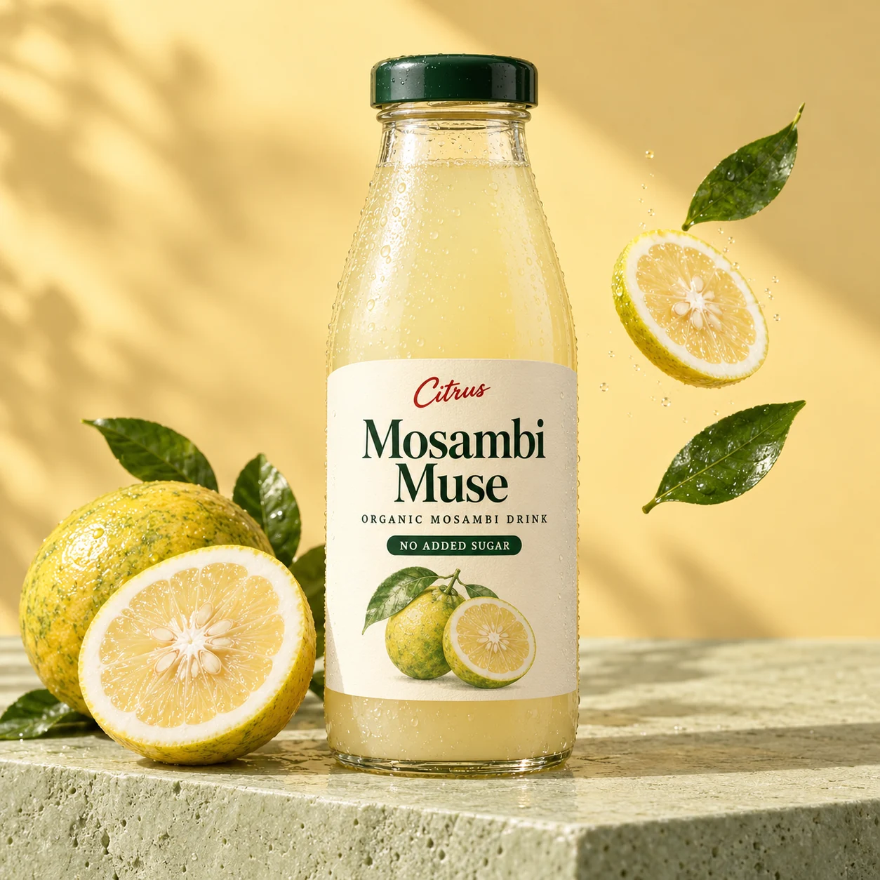 Mosambi Muse by Citrus bottle concept: organic mosambi drink labelled No Added Sugar, with green-yellow sweet limes